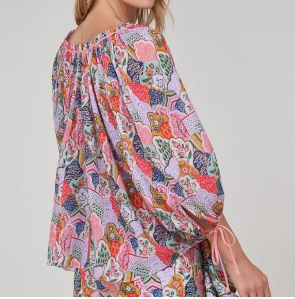RHODE Resort Abstract Patterned Multi Color Tie Collar Bohemian Patchwork Top - Picture 7 of 9